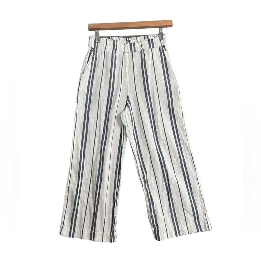 H&M Womens Pants Size 2 Blue White Striped Wide Leg Cropped Linen Blend Coastal